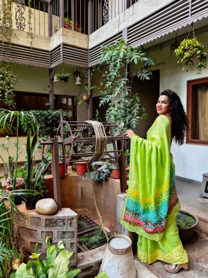 Calyz Green Linen Saree with Collage Technique - Image 5